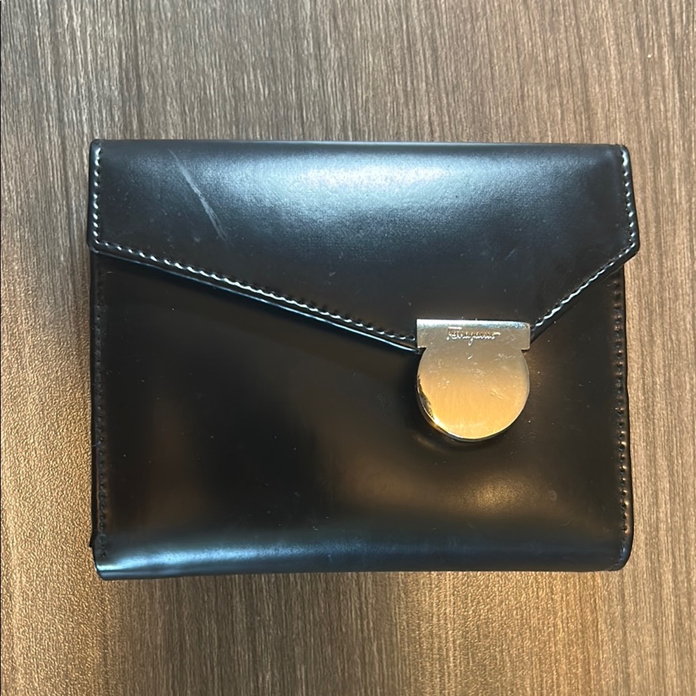 Salvatore Ferragamo Black Leather Wallet with Gold Clasp